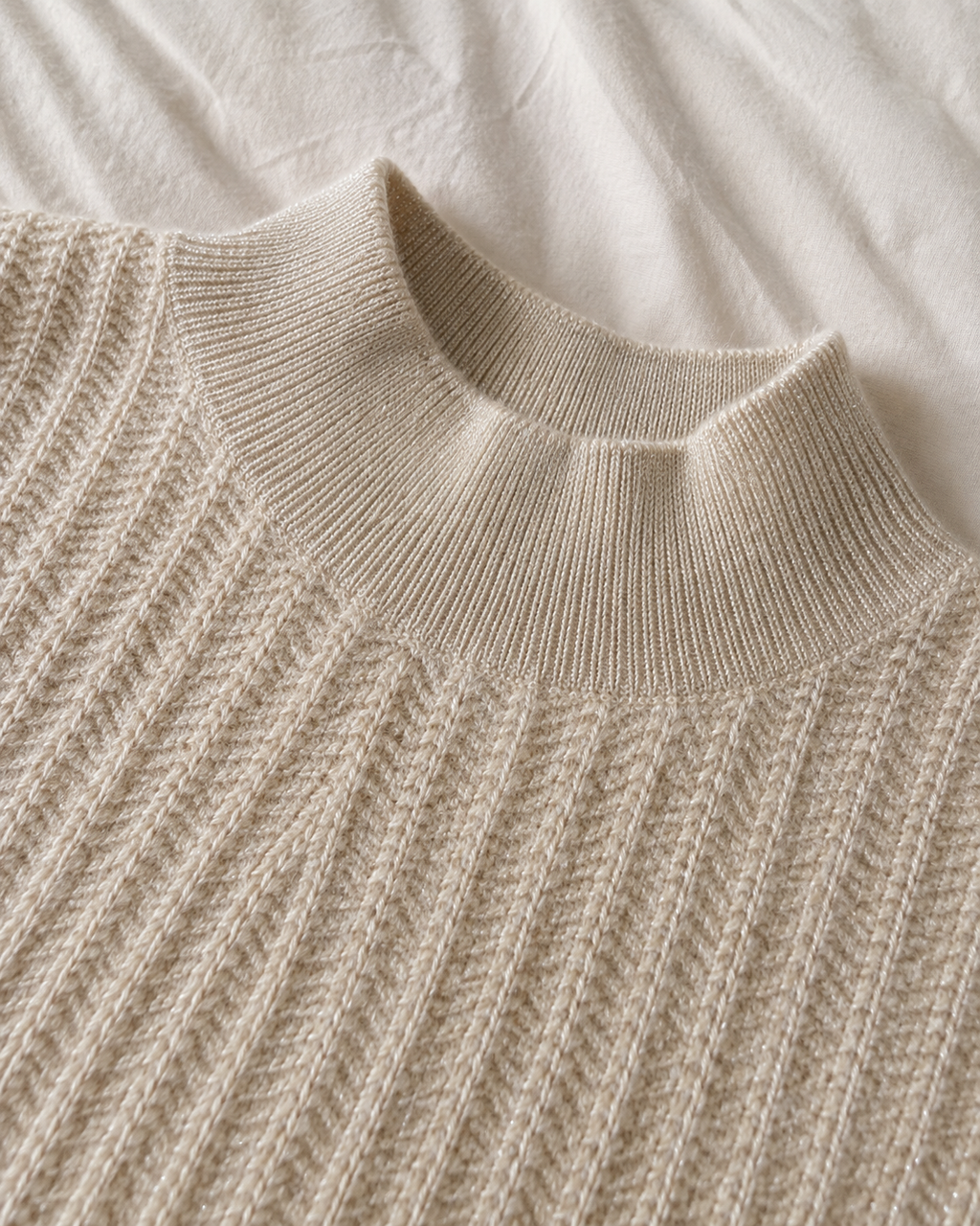 Champagne Ivory Textured Cashmere Mock Neck