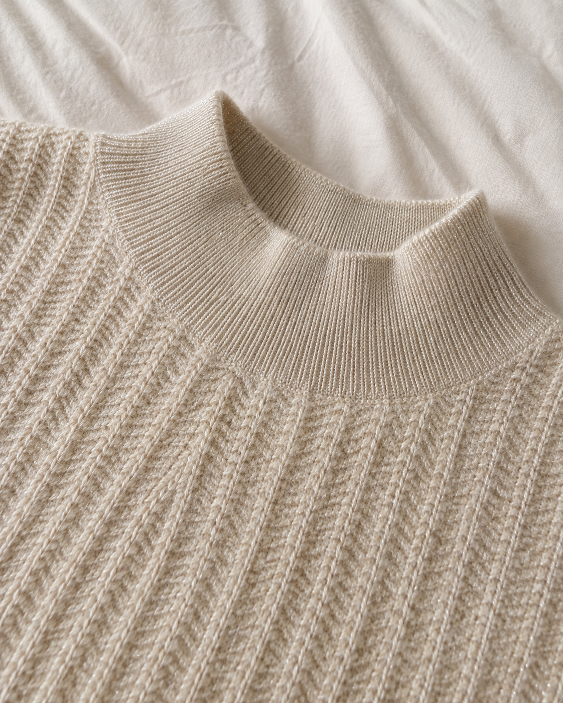 Champagne Ivory Textured Cashmere Mock Neck