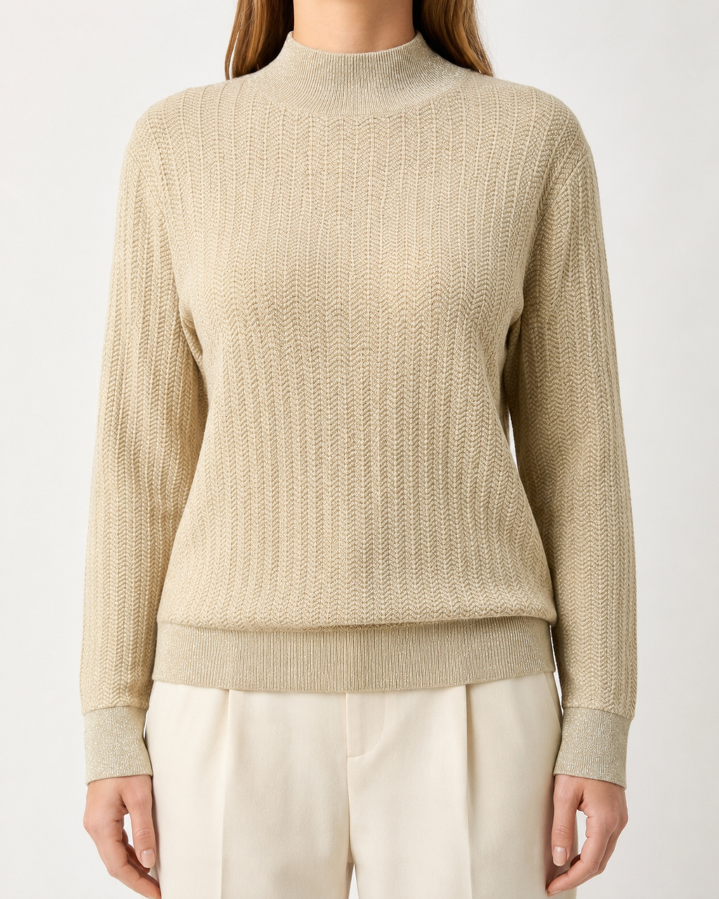 Champagne Ivory Textured Cashmere Mock Neck