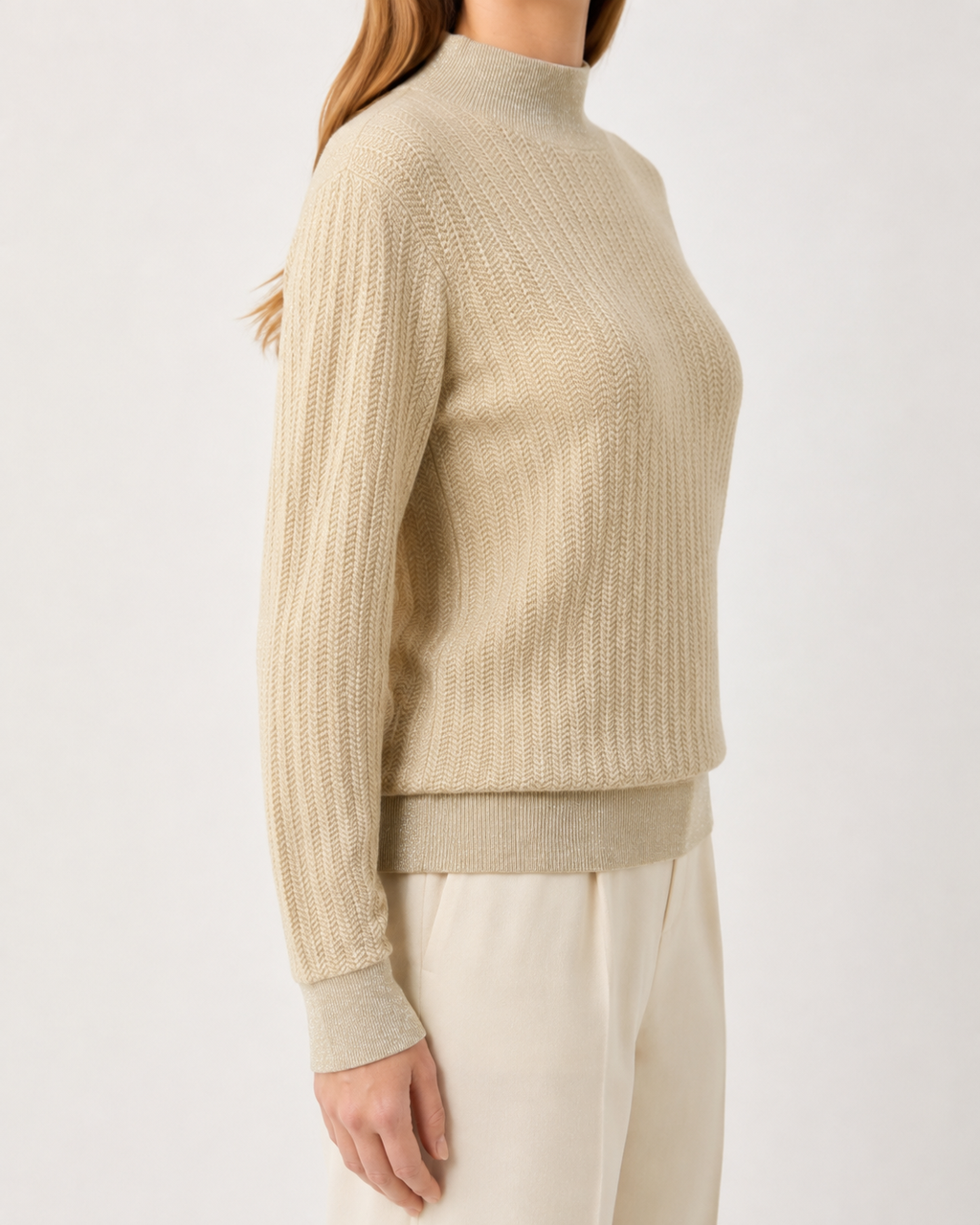 Champagne Ivory Textured Cashmere Mock Neck
