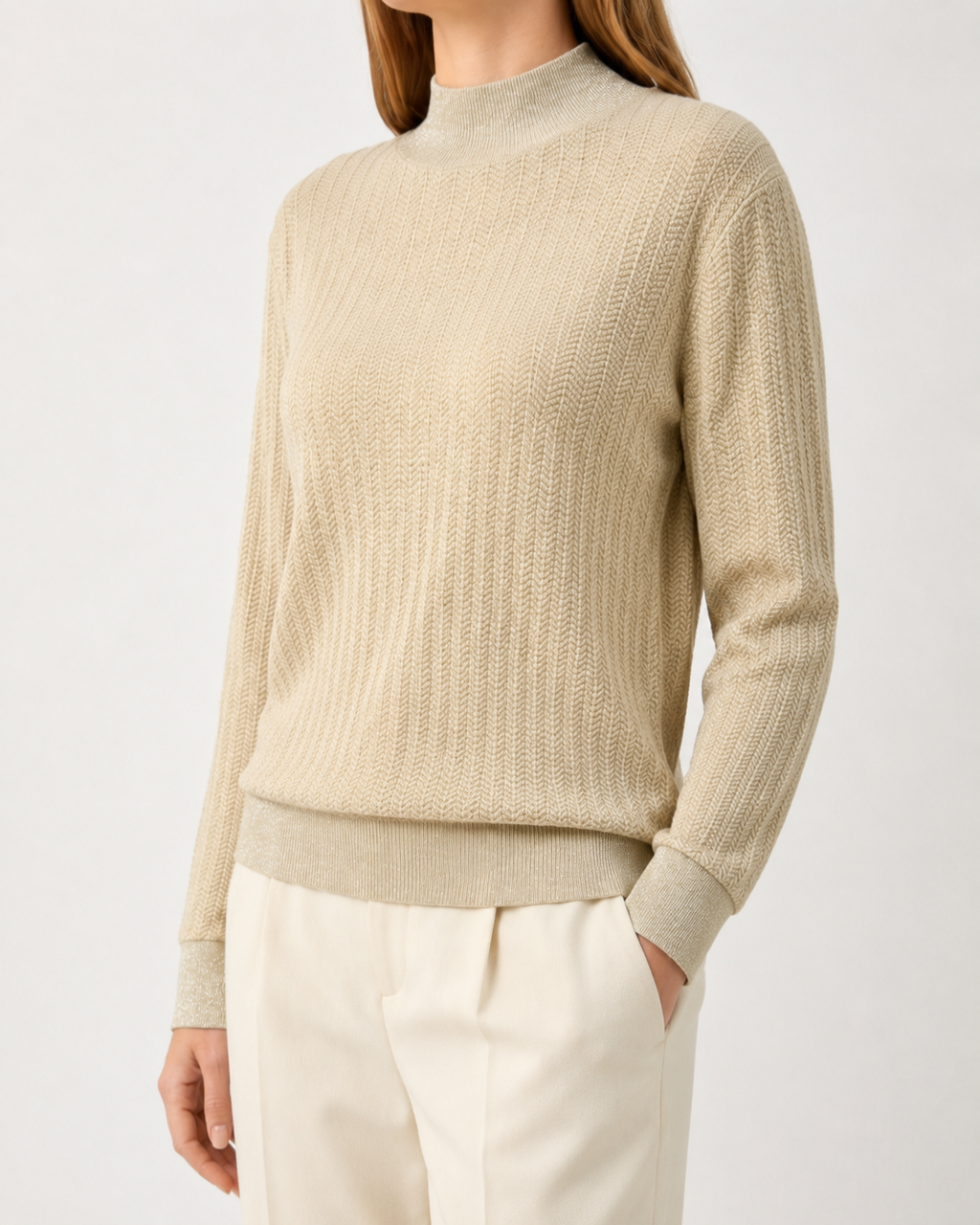 Champagne Ivory Textured Cashmere Mock Neck