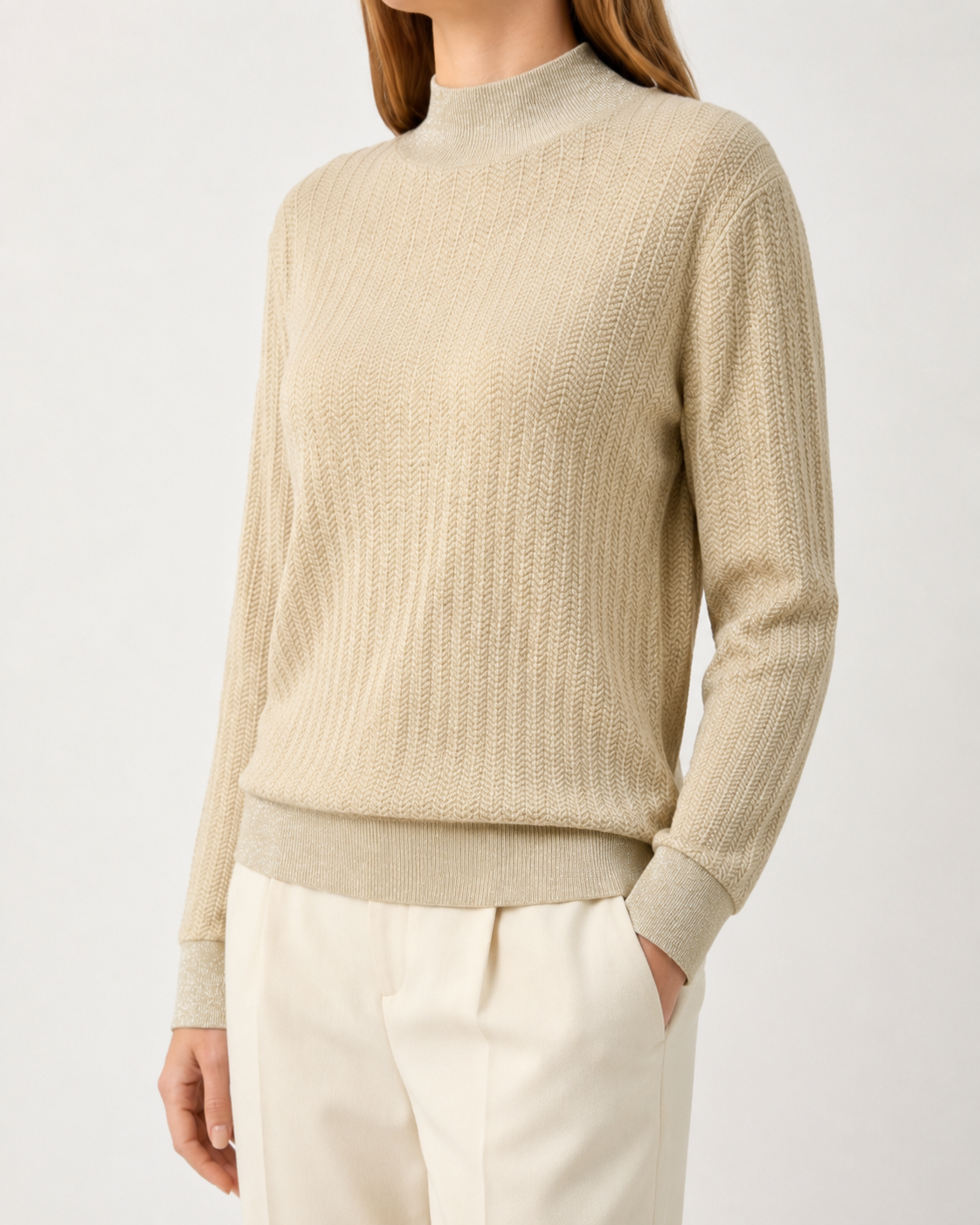 Champagne Ivory Textured Cashmere Mock Neck