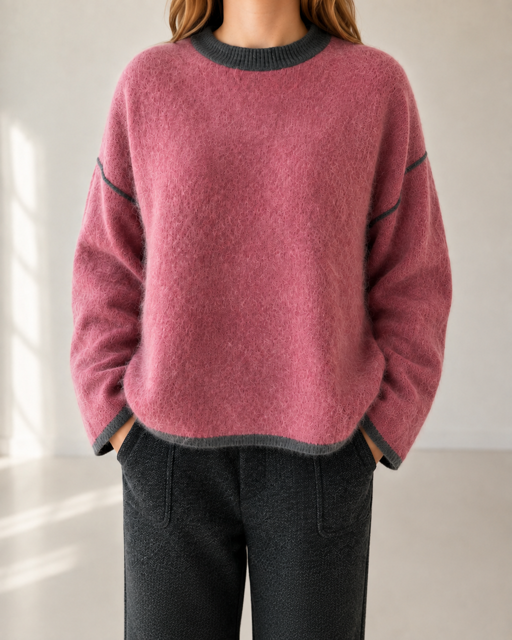 Charcoal & Rose Reversible Cashmere Crewneck