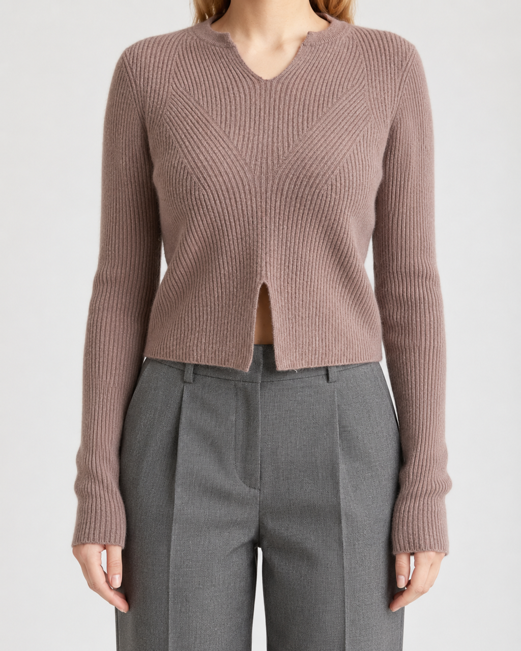 Rosewood Ribbed Cashmere Split-Hem Sweater