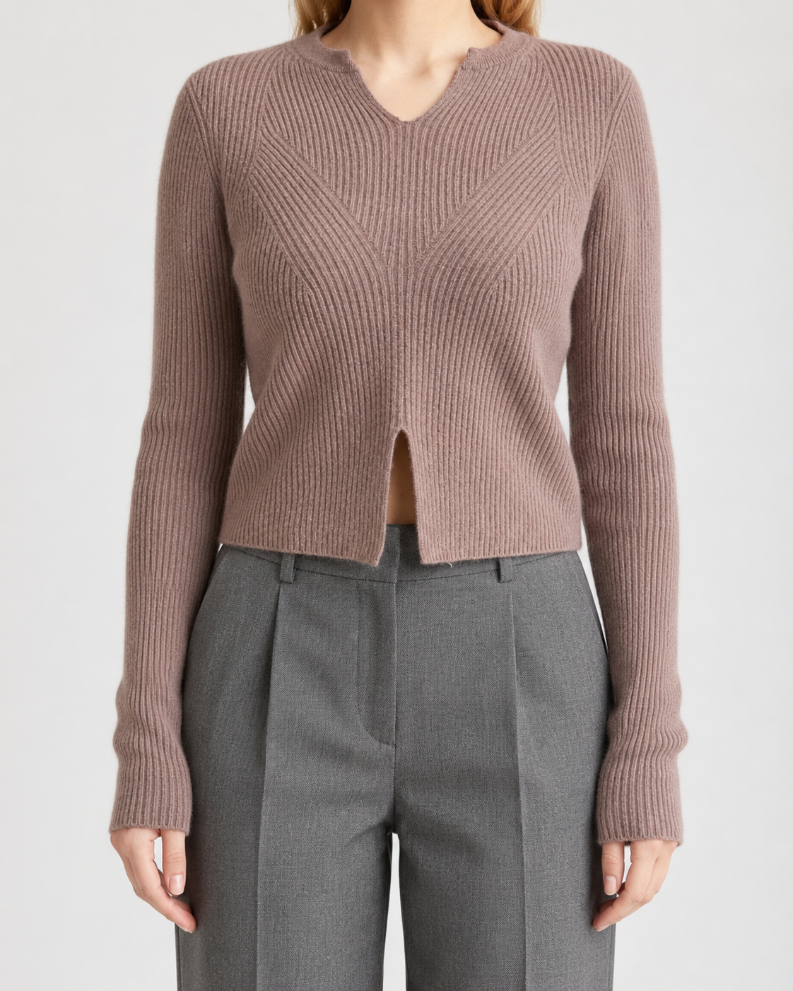 Rosewood Ribbed Cashmere Split-Hem Sweater