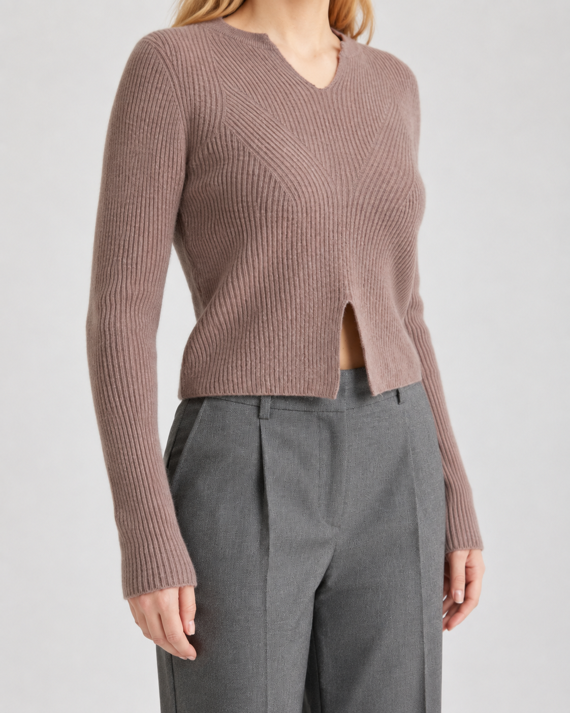Rosewood Ribbed Cashmere Split-Hem Sweater